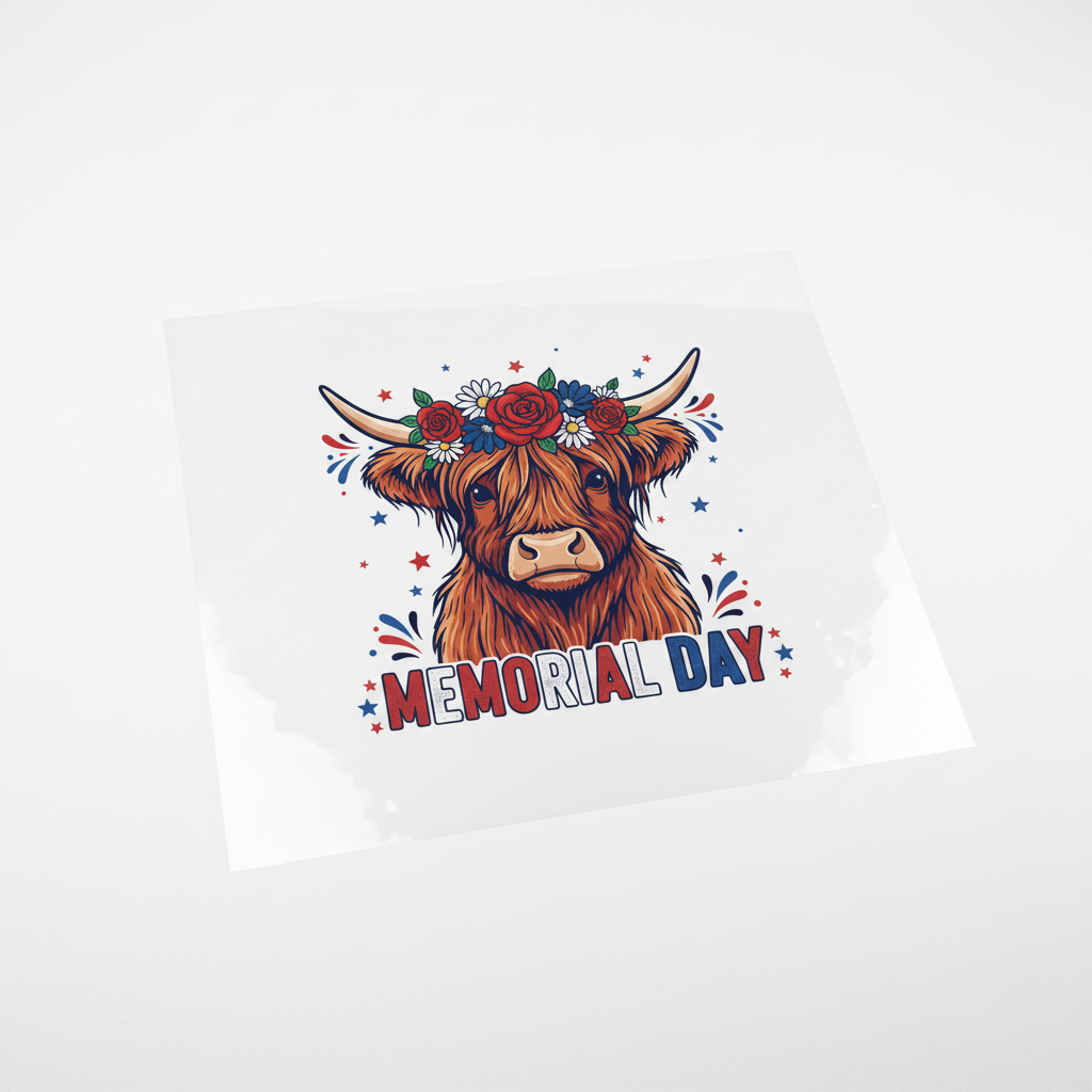 Highland Cow Patriotic Floral Crown — Shirt or DTF Transfer