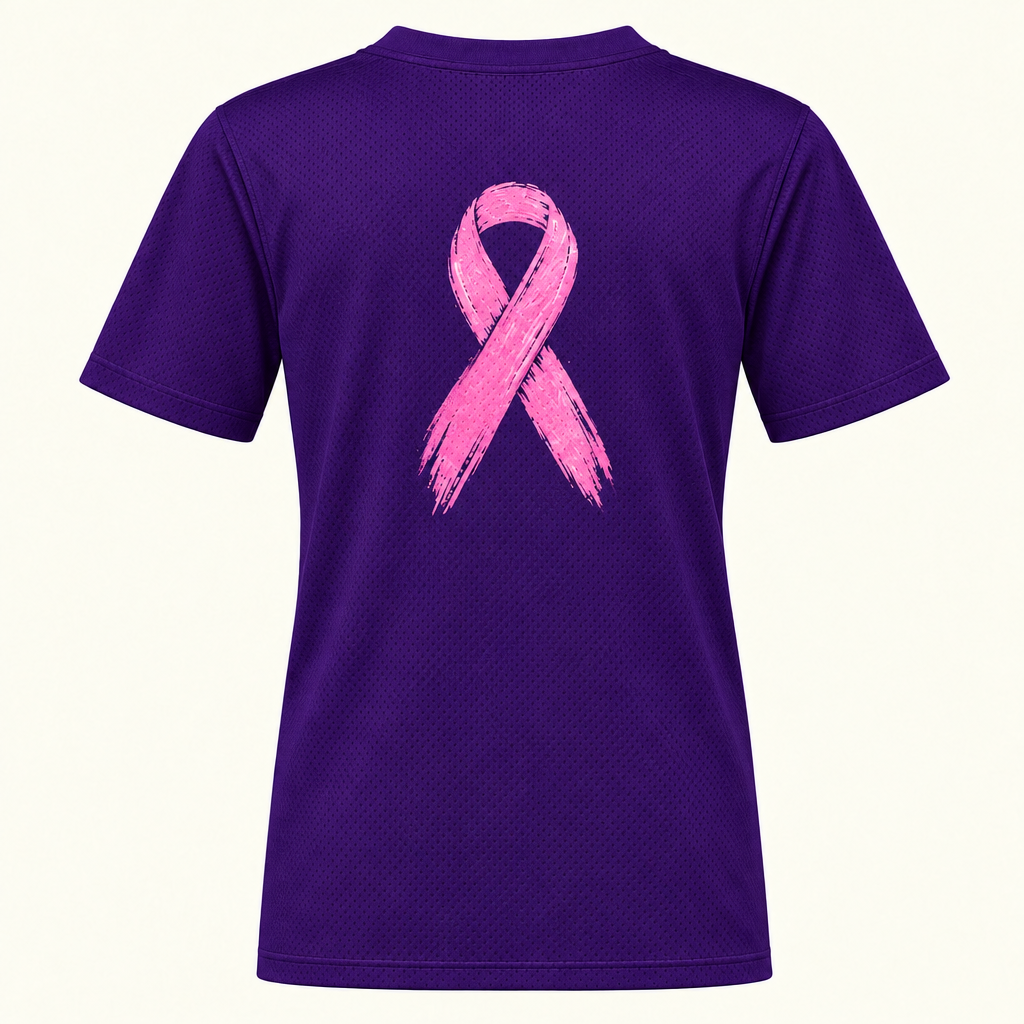 Back of solid purple jersey with large pink awareness ribbon