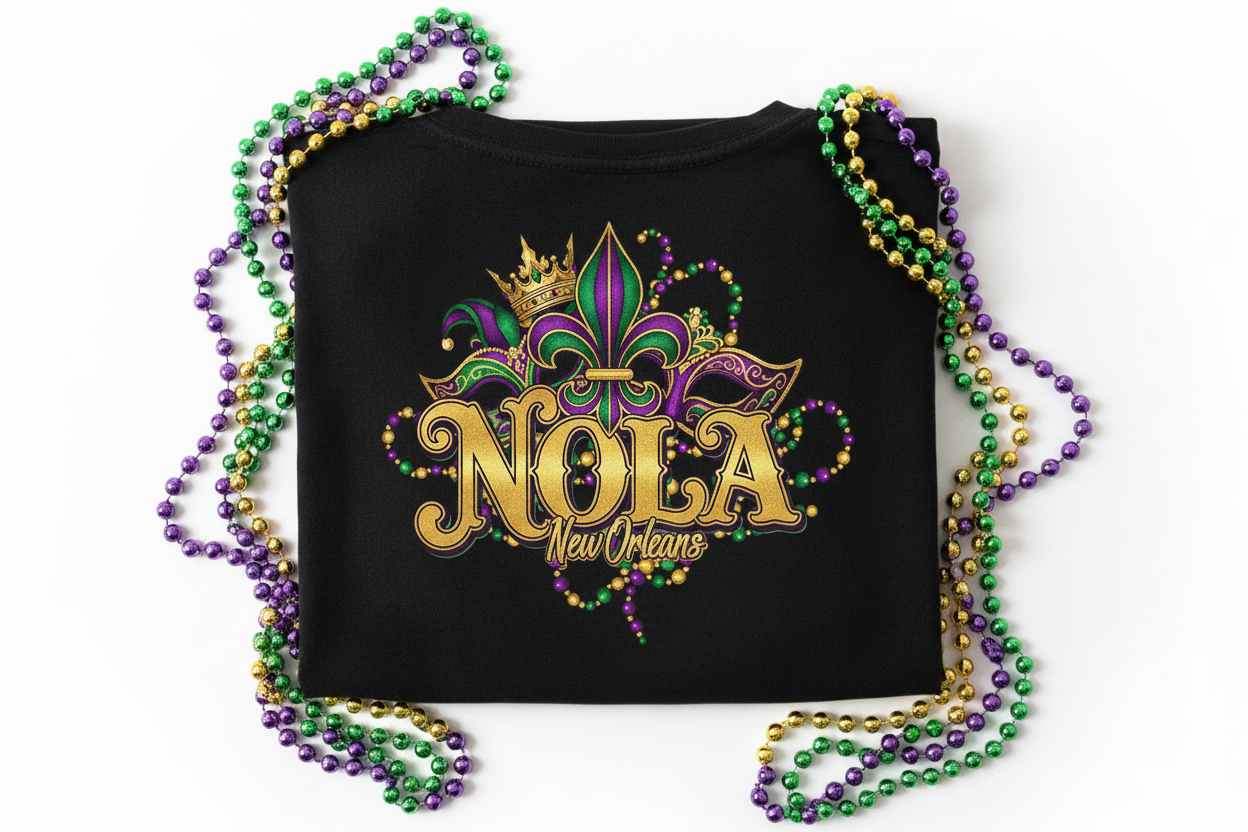 Premium NOLA Mardi Gras t-shirt close-up flat lay with beads in purple green and gold