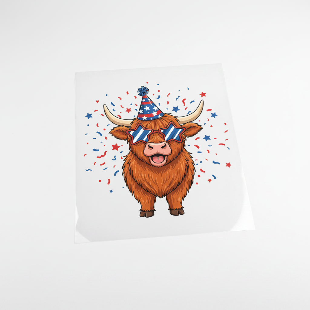 Highland Cow Party Animal Patriotic — Shirt or DTF Transfer