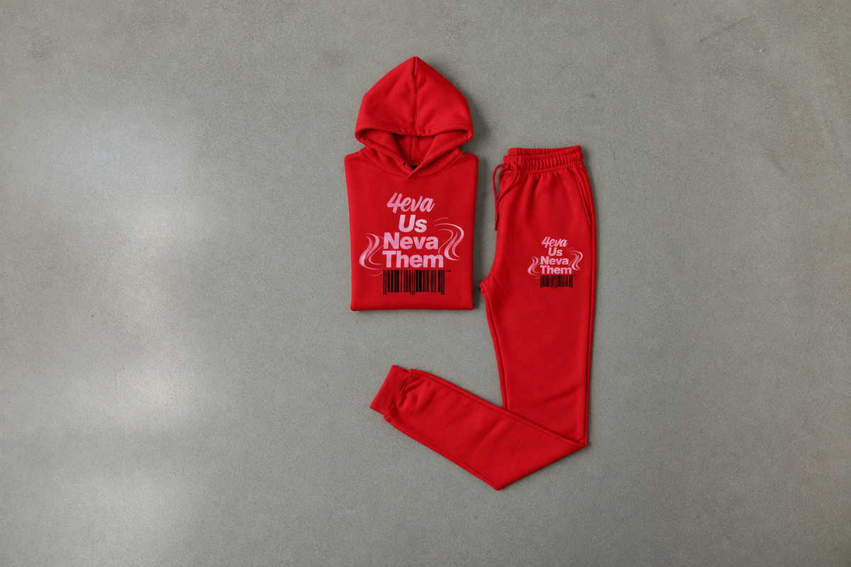 Red unisex jogger set with black barcodes