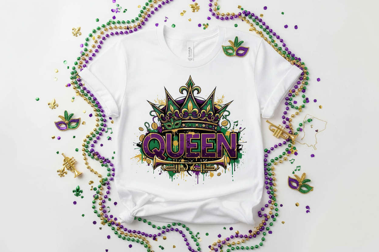 Streetwear QUEEN Crown White T-Shirt Mardi Gras Lifestyle