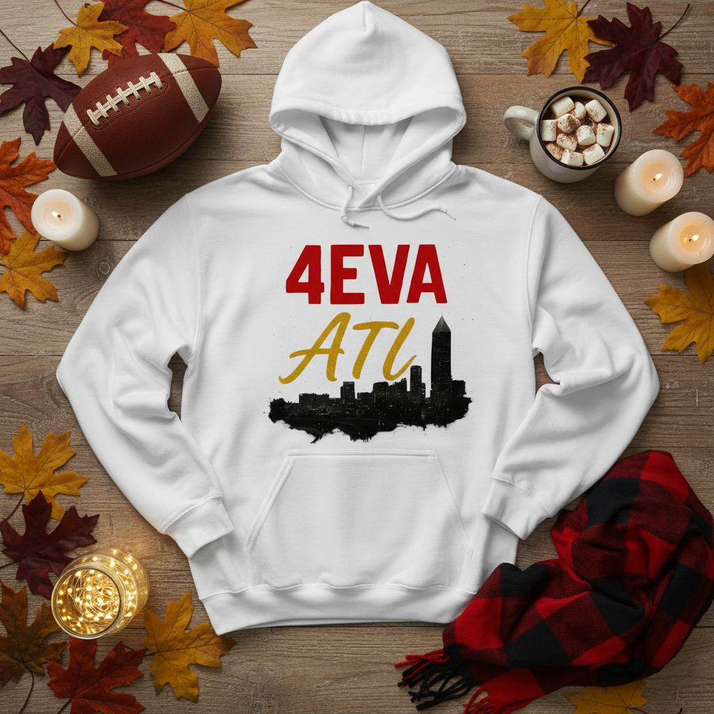 4EVA ATL White Hoodie Fall Flat Lay