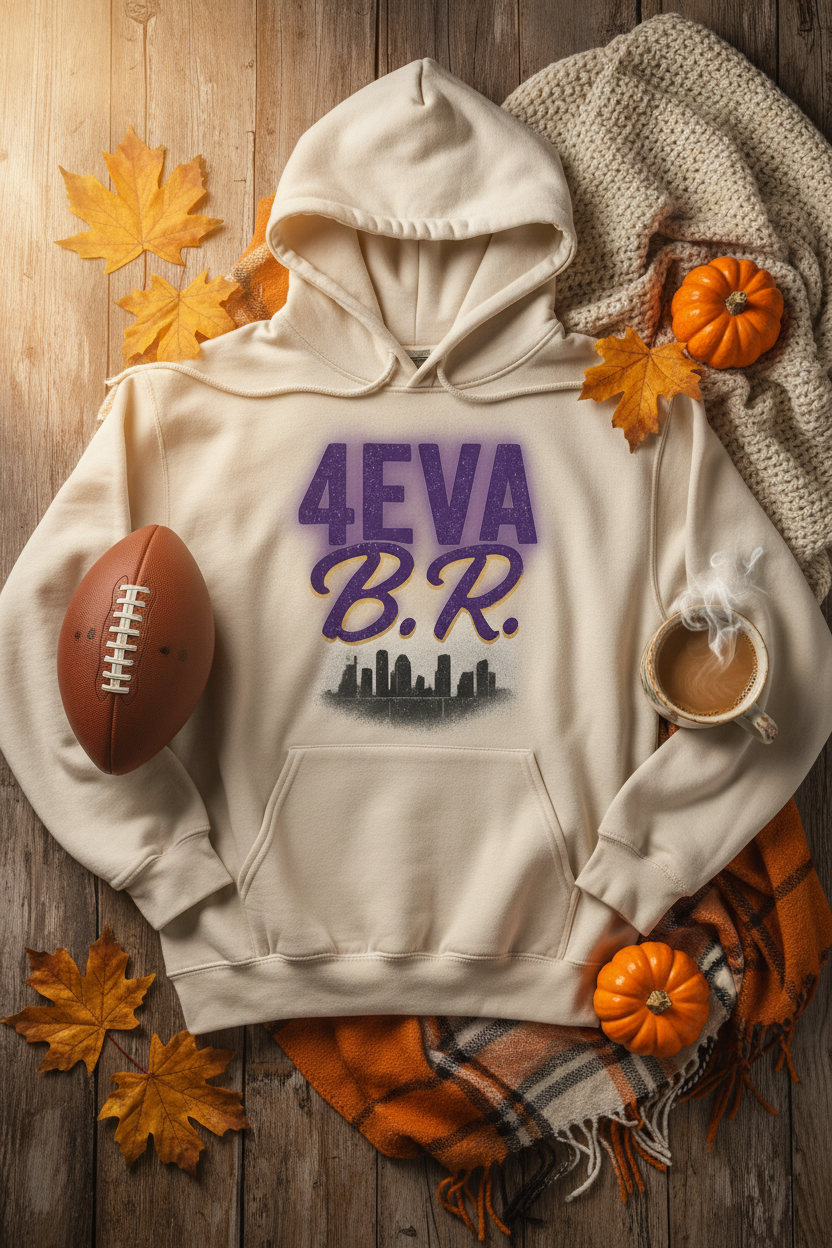4EVA B.R. Cream Hoodie Fall Football Flat Lay
