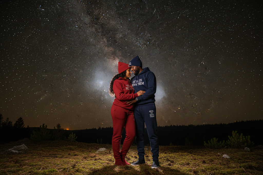 4eva Cozy Jogger Bundle - couple with beanies under stars