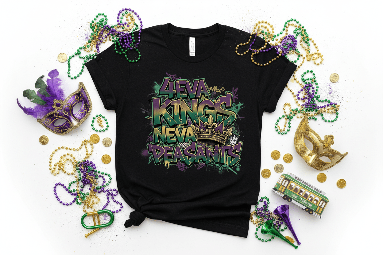 4eva Kings Neva Peasants Graffiti Mardi Gras DTF Transfer Sheet - Purple Green Gold - TaggEt Dezignz