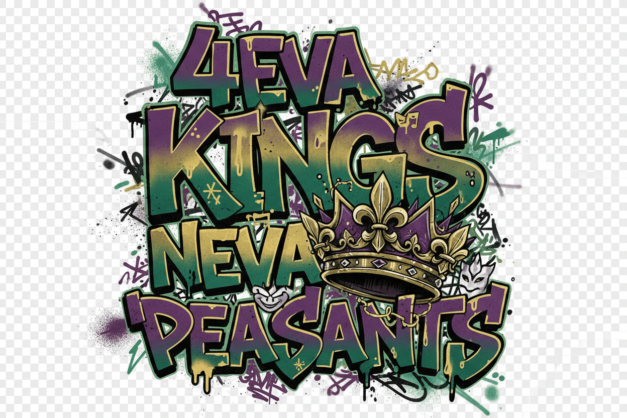 4eva Kings Neva Peasants Graffiti Mardi Gras DTF Transfer Sheet - Purple Green Gold - TaggEt Dezignz