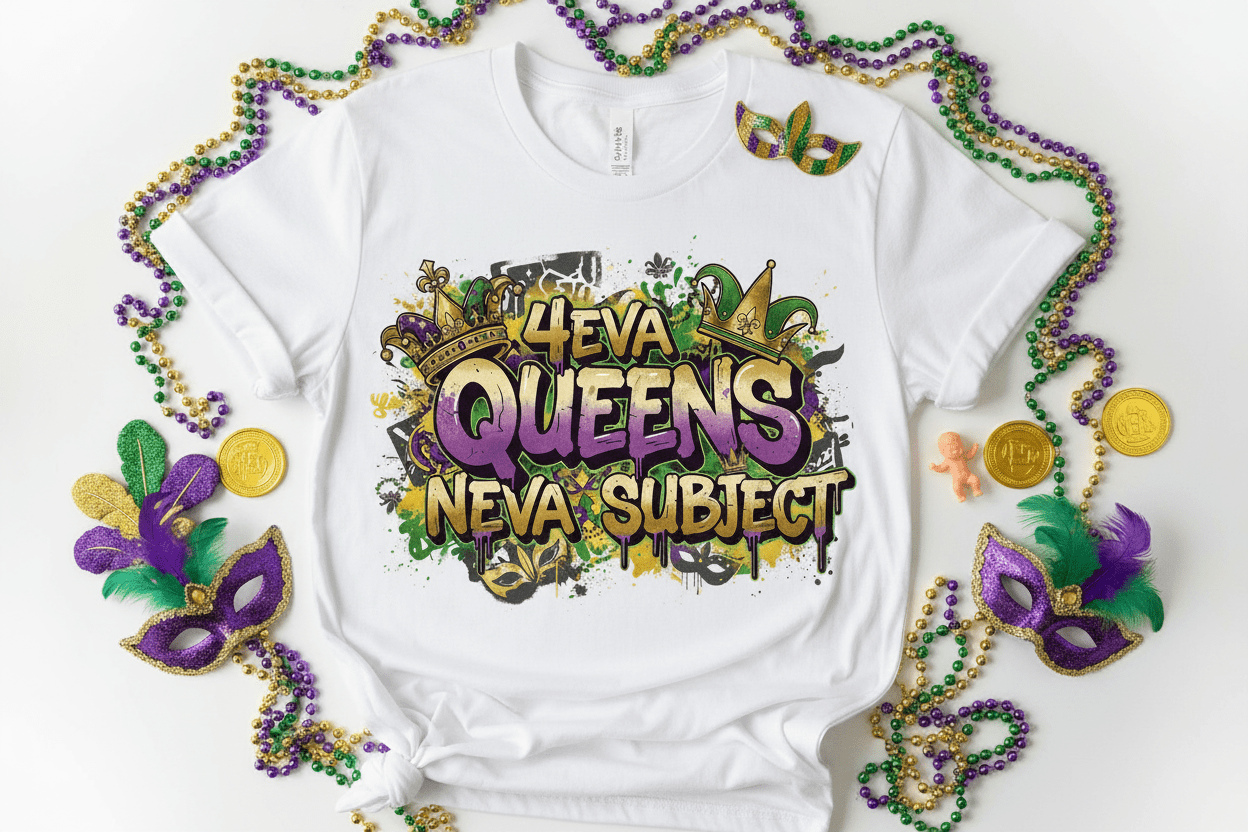 4eva Queens Neva Subject Graffiti Mardi Gras DTF Transfer Sheet - Purple Green Gold - TaggEt Dezignz