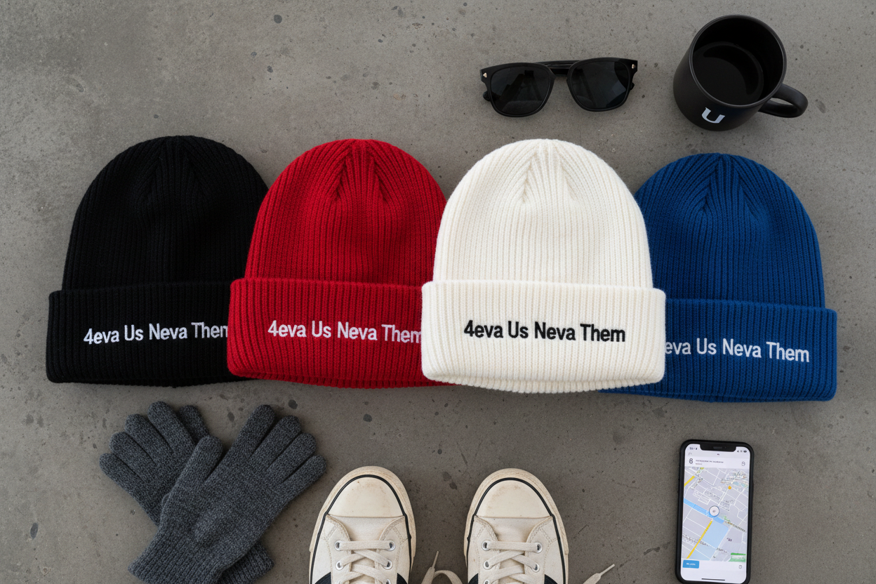 4eva Us Neva Them beanie 4-pack flat lay