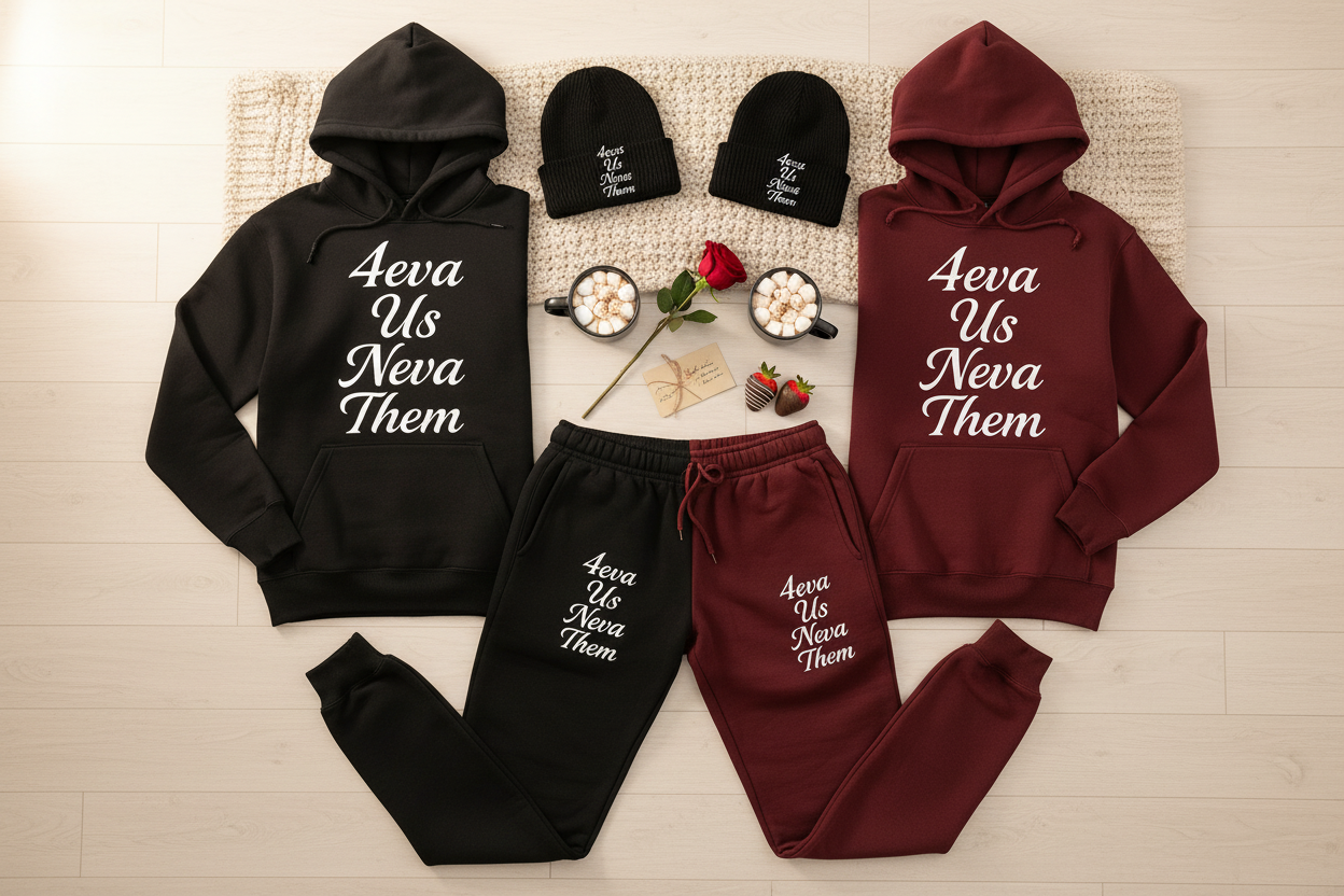 4eva Us Neva Them cozy couple set flat lay