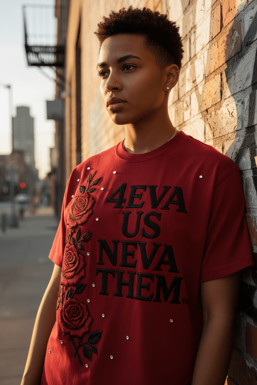 4eva Us Neva Them™ Crimson Rose Embroidered Tee - TaggEt Dezignz