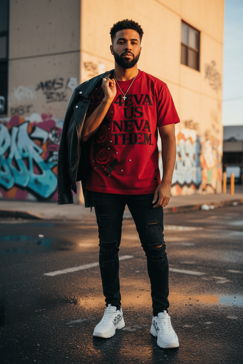 4eva Us Neva Them™ Crimson Rose Embroidered Tee - TaggEt Dezignz