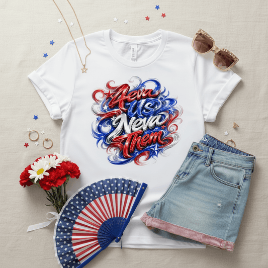 4eva Us Neva Them Patriotic Swirl Graphic Tee - TaggEt Dezignz