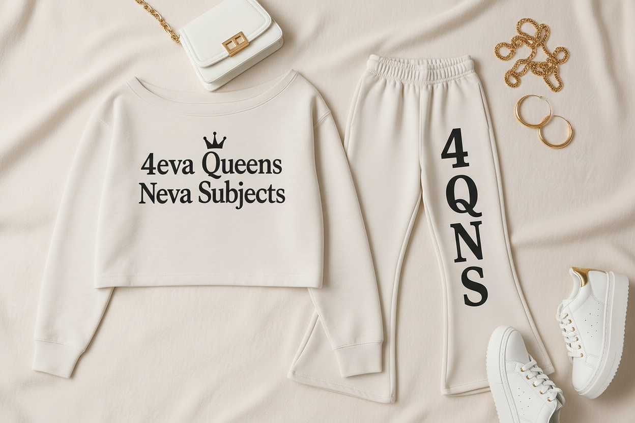 4QNS white and black flare leg jogger set flat lay