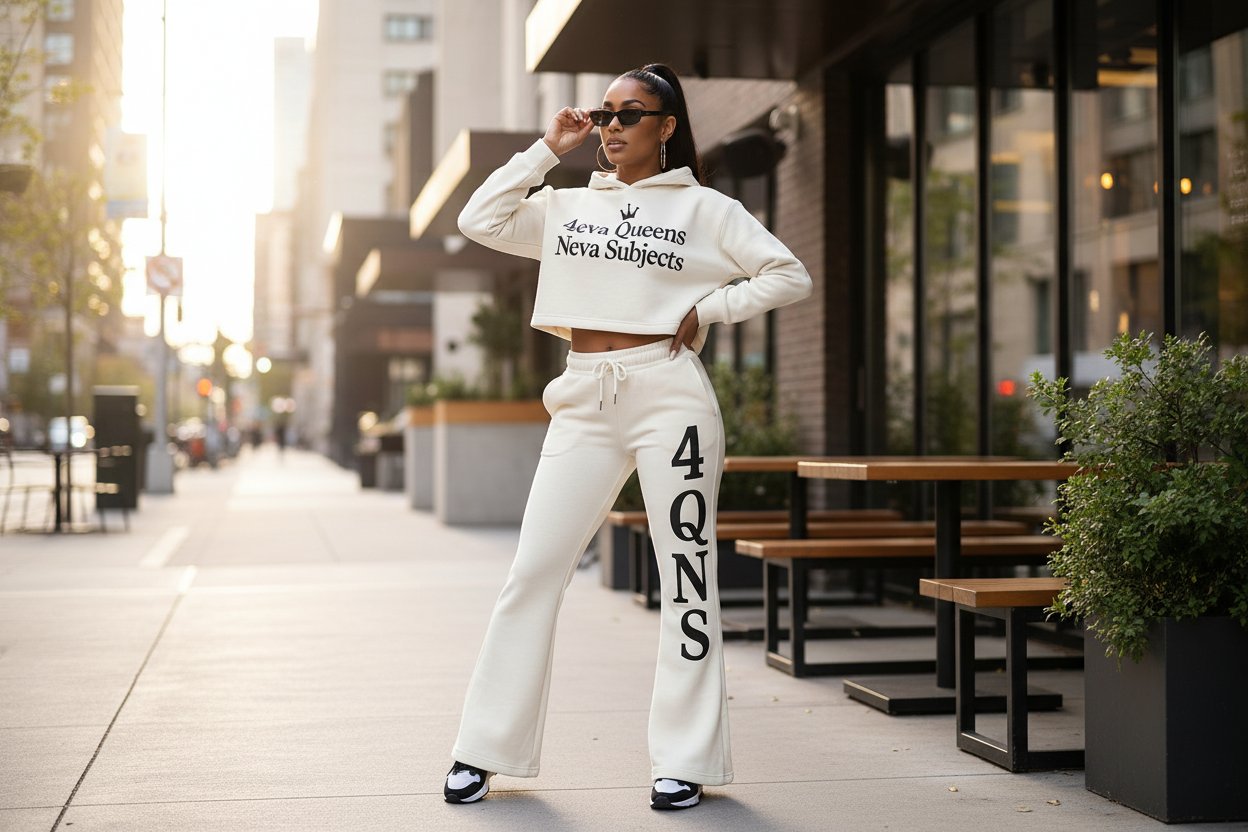 4QNS white and black flare leg jogger set lifestyle photo