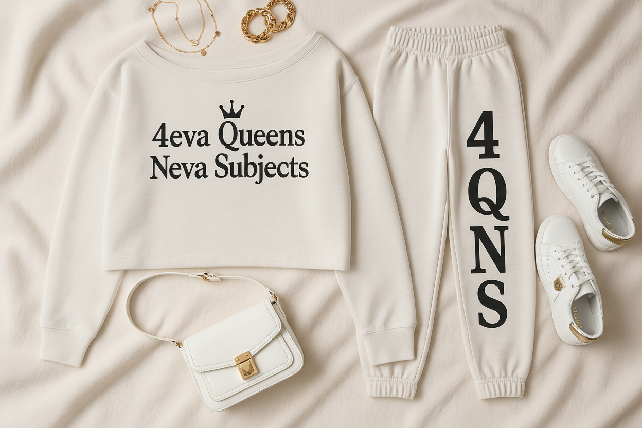 4QNS white and black jogger set flat lay