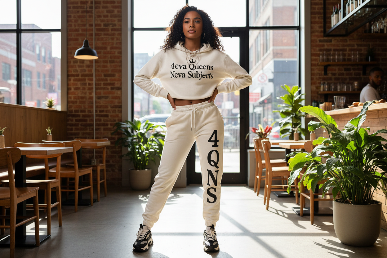 4QNS white and black jogger set lifestyle photo