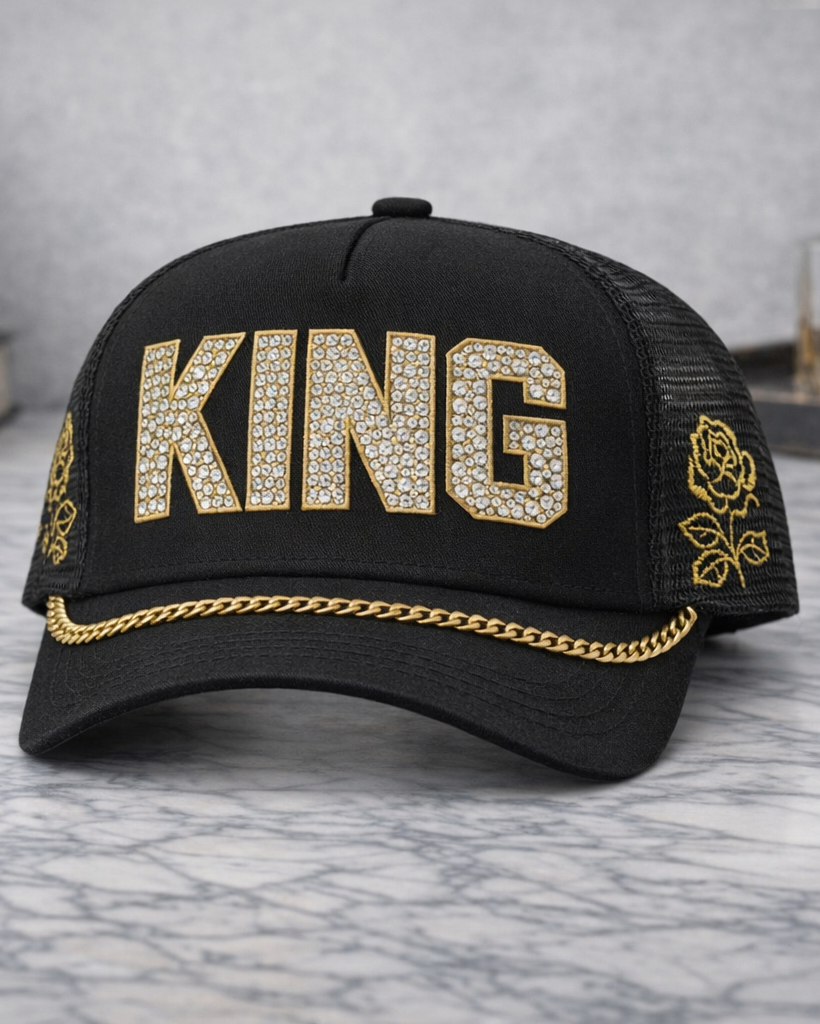 King Trucker Hat – Black, Gold & Rhinestone