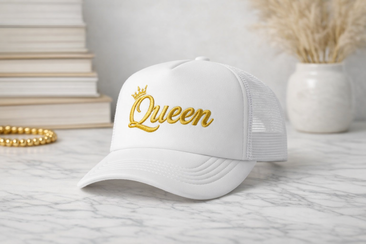 Queen Trucker Hat - White & Gold