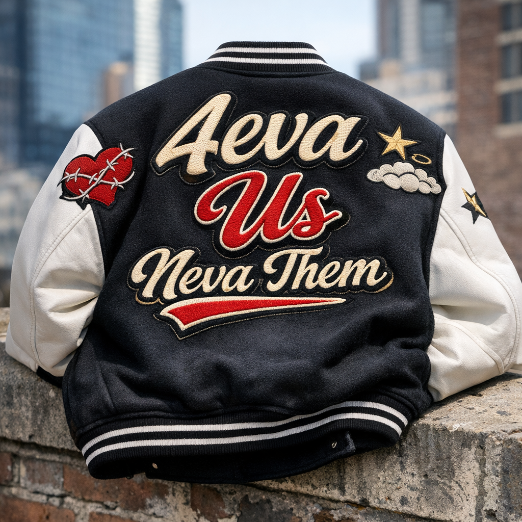 4eva Us Neva Them custom embroidery varsity jacket - black body with cream leather sleeves and bold chenille lettering