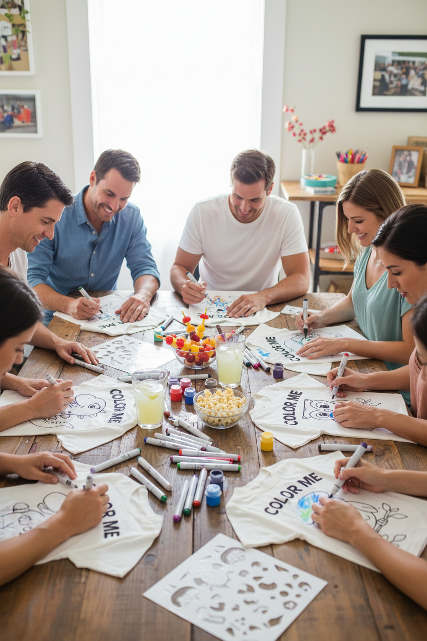 Adults having a t-shirt coloring party