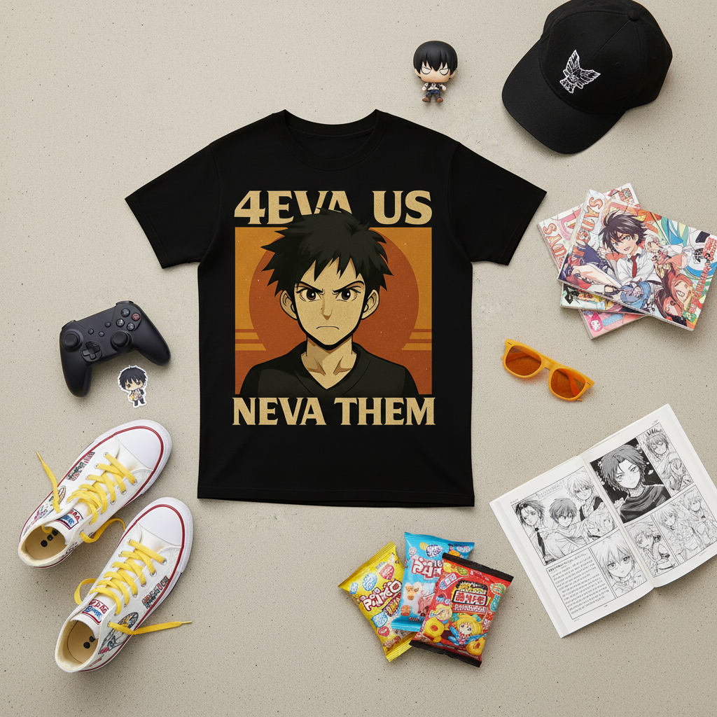 Anime-inspired 4eva Us Neva Them t-shirt flat lay
