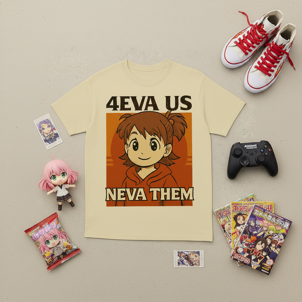 Anime-inspired 4eva Us Neva Them t-shirt flat lay