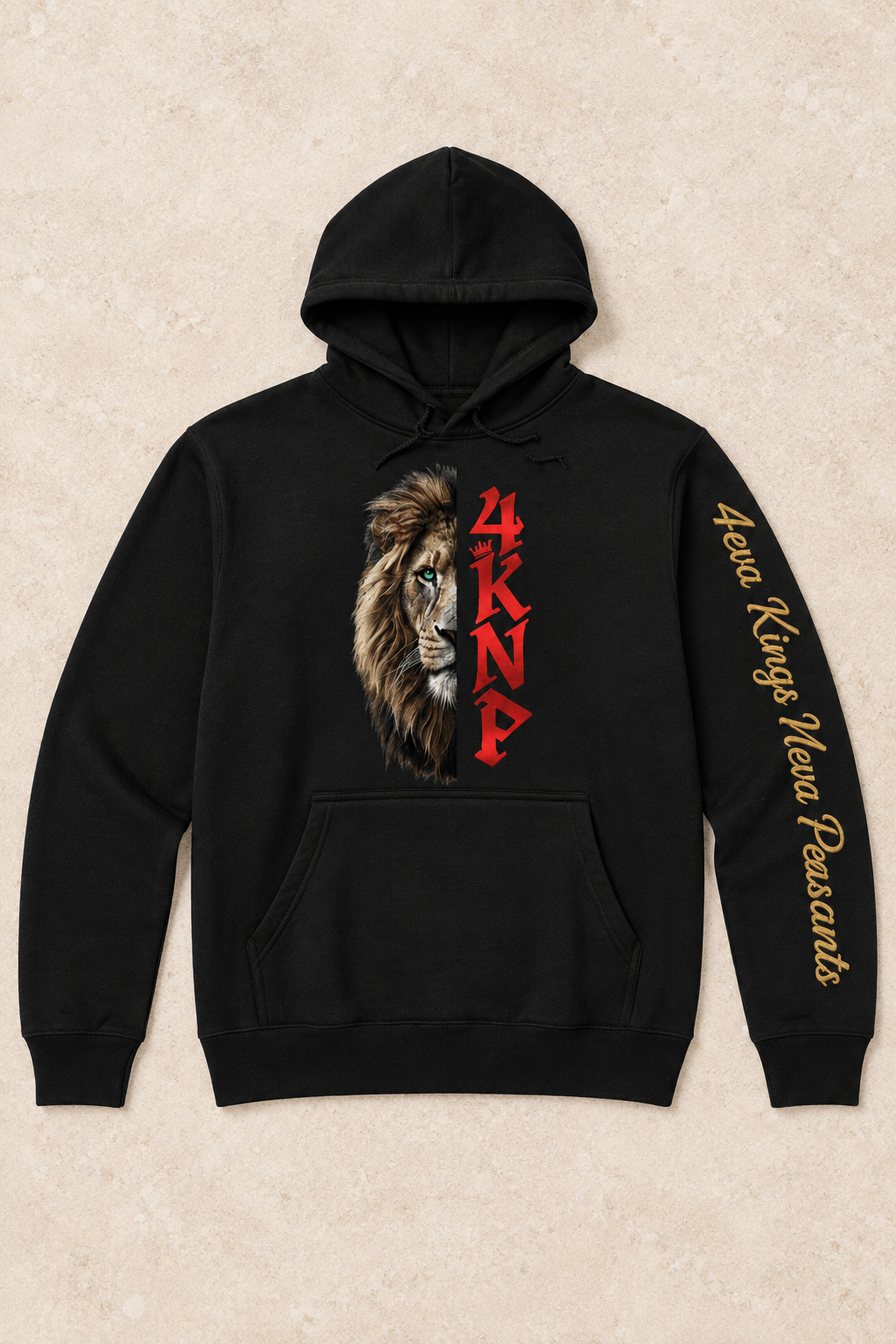 Black 4KNP Half-Lion hoodie flat lay with gold script down the sleeve