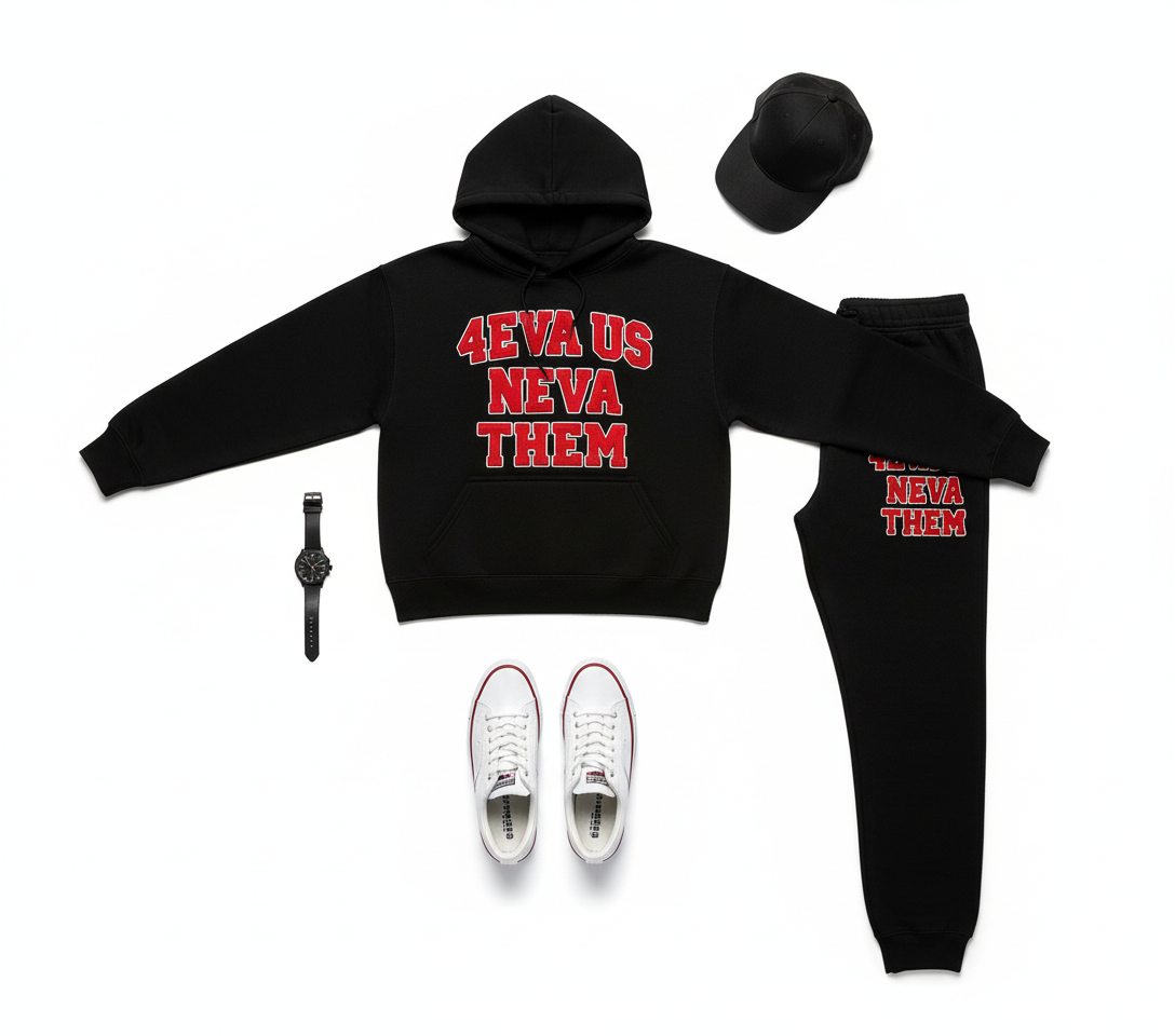 Black and red jogger set complete flat lay