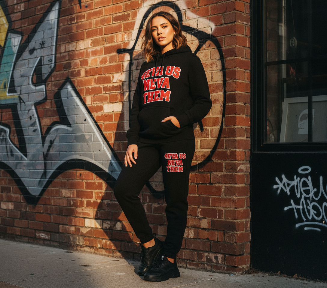 Black and red jogger set lifestyle photo