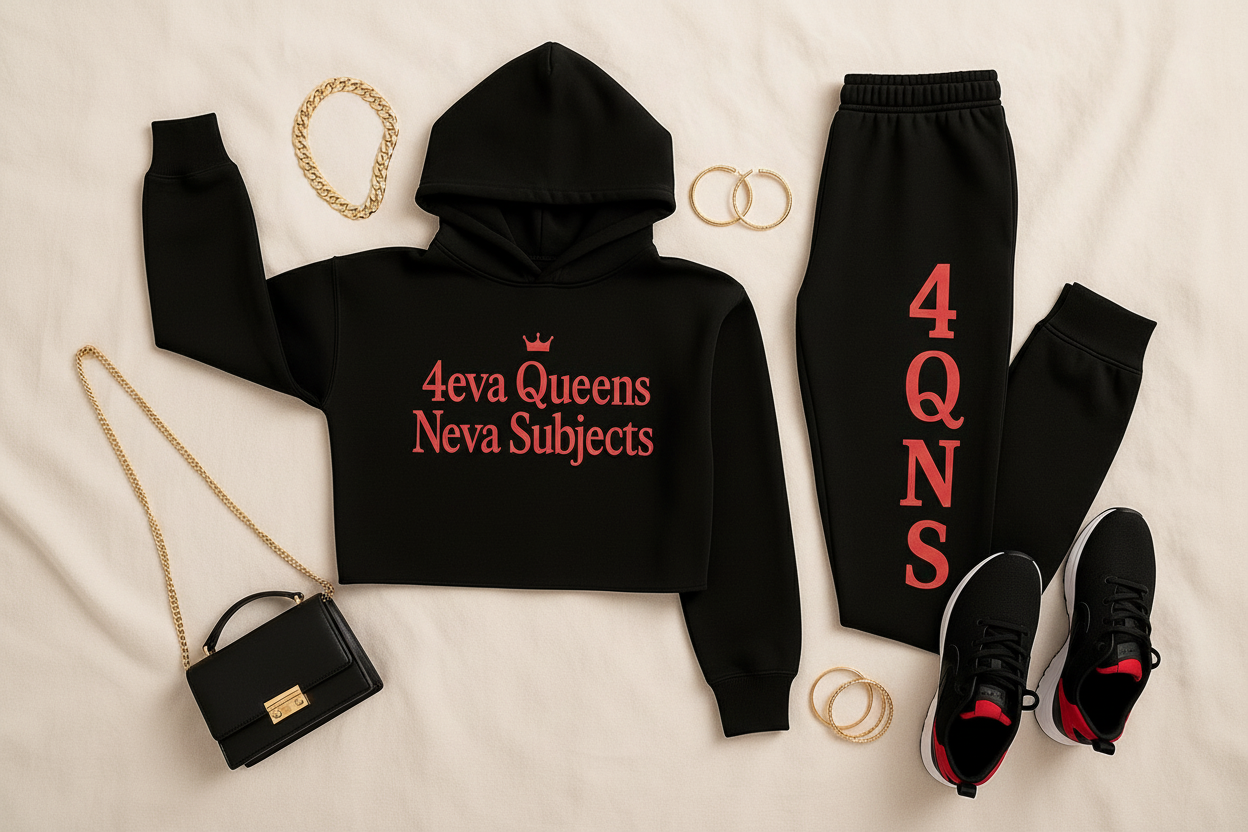 Black and red regular leg jogger set flat lay