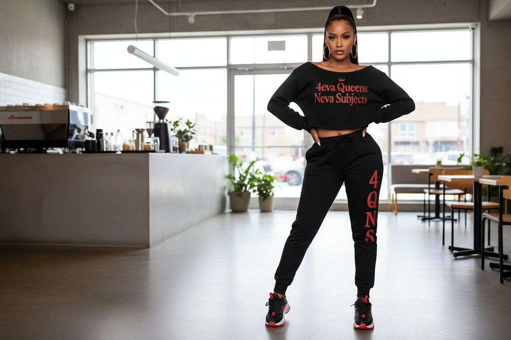 Black and red regular leg jogger set lifestyle photo