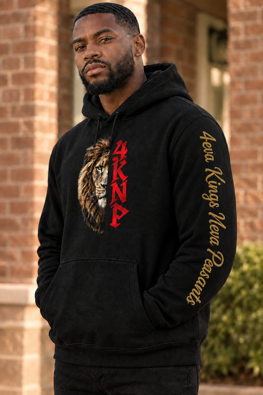 Black half-lion hoodie with continuous gold script down the sleeve