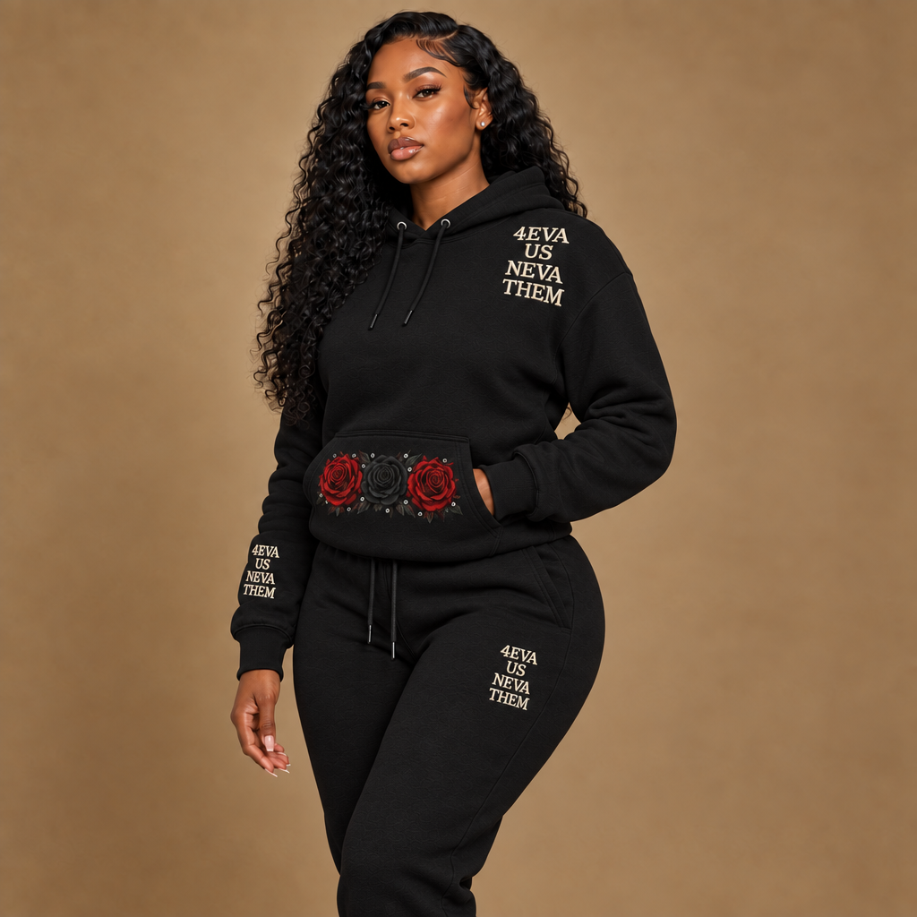 Black unisex hoodie and joggers modeled by the same woman as the white version