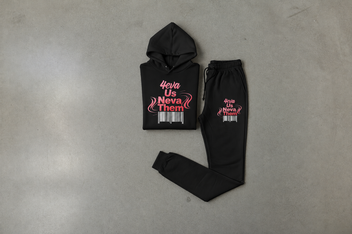 Black unisex jogger set with white barcodes