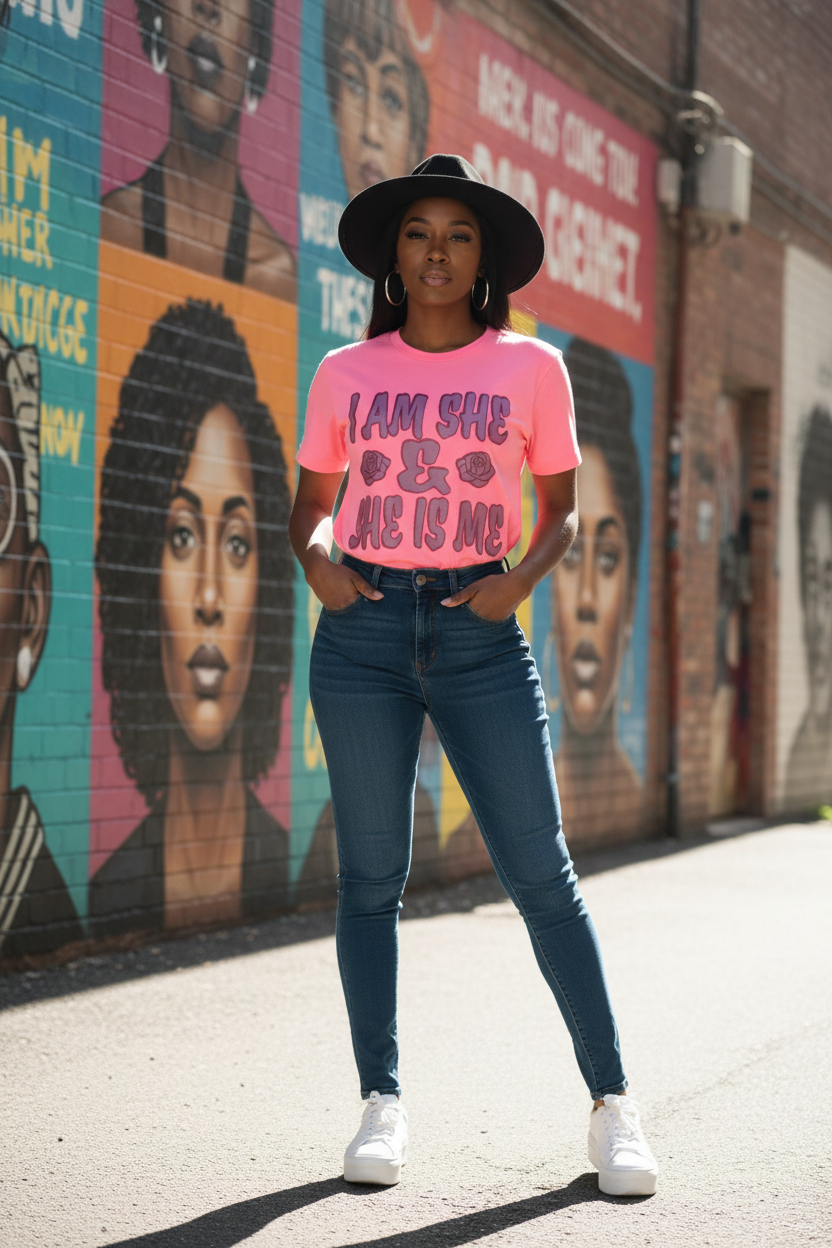 Black woman wearing I Am She t-shirt with hat