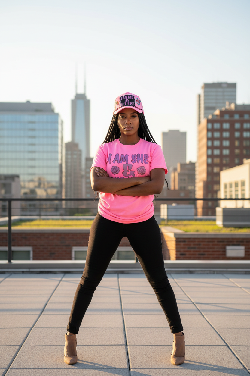 Black woman wearing I Am She t-shirt