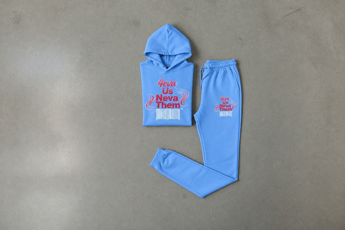 Blue unisex jogger set with white barcodes