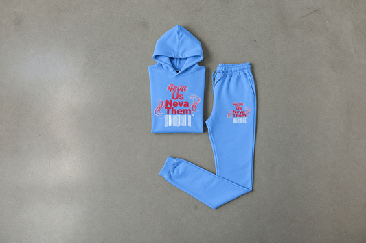 Blue unisex jogger set with white barcodes
