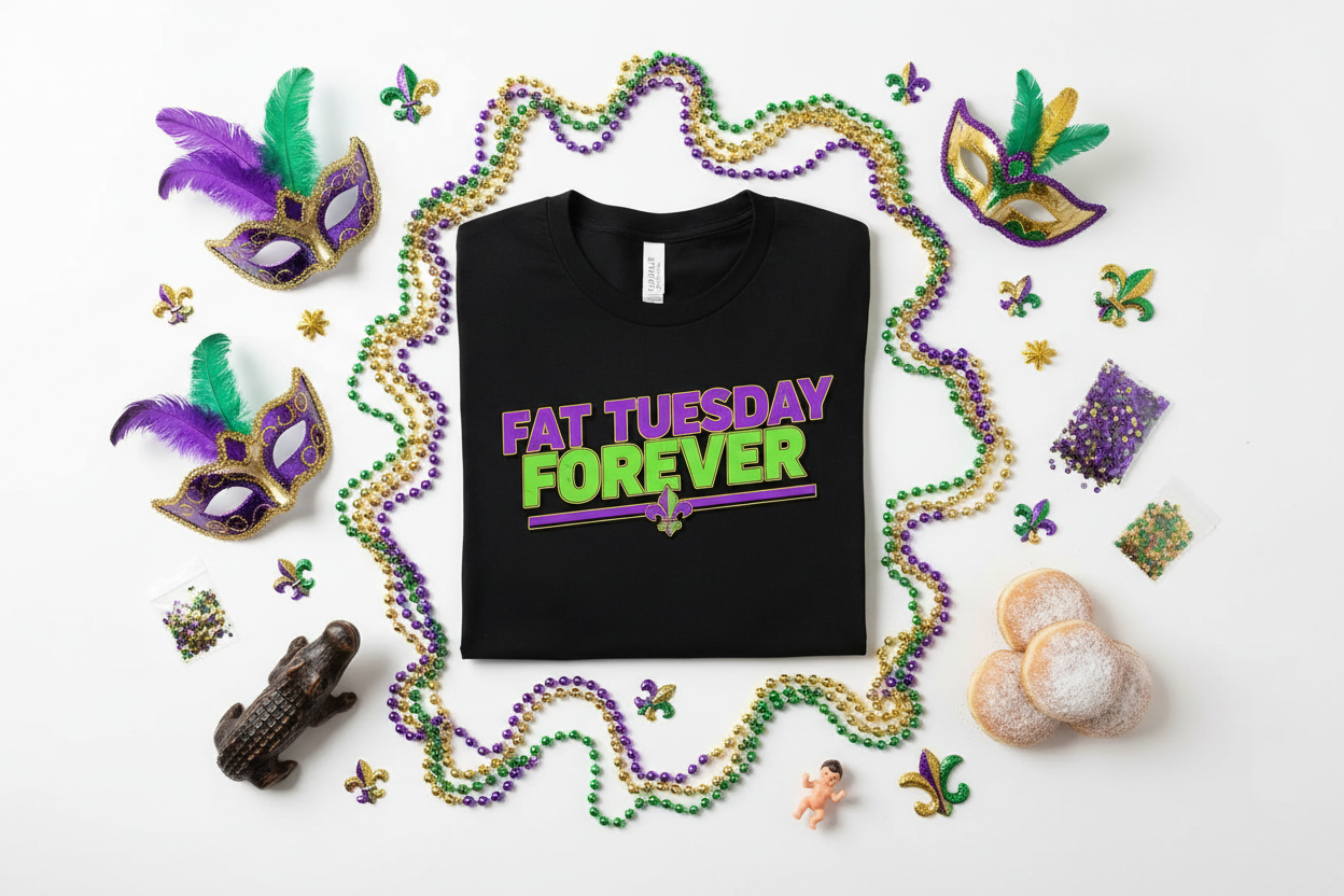 Bold Block Lettering Mardi Gras T-Shirt Lifestyle