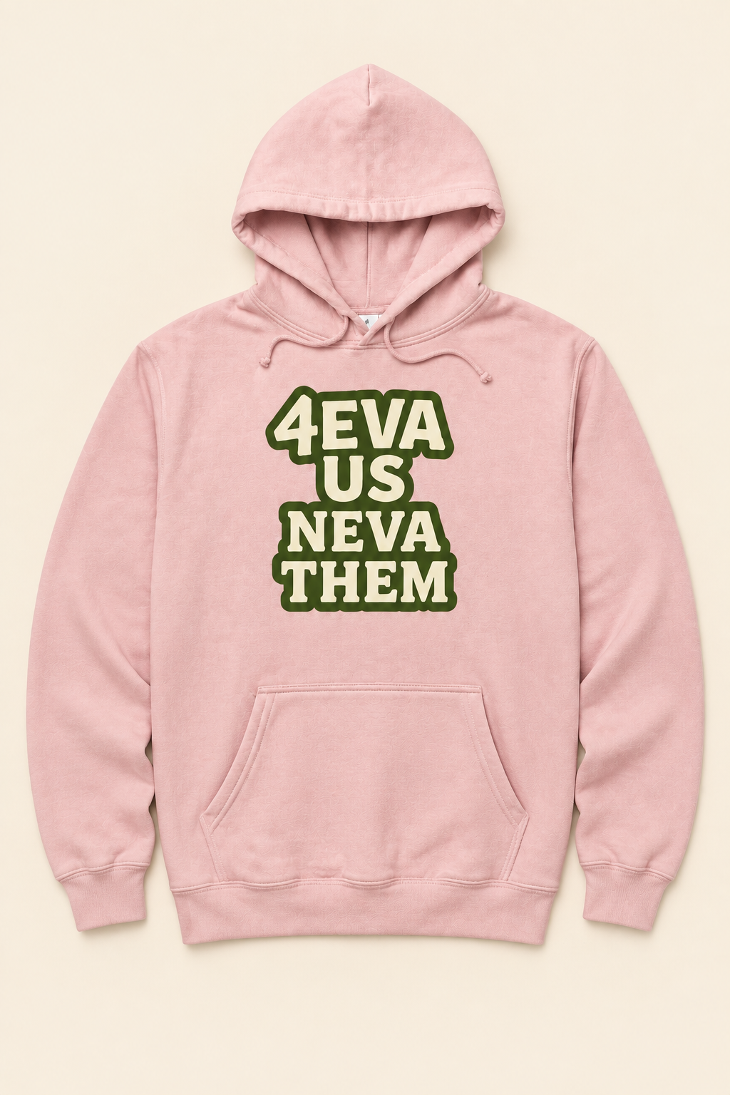 Clean product photo of pink hoodie with compact text and no props
