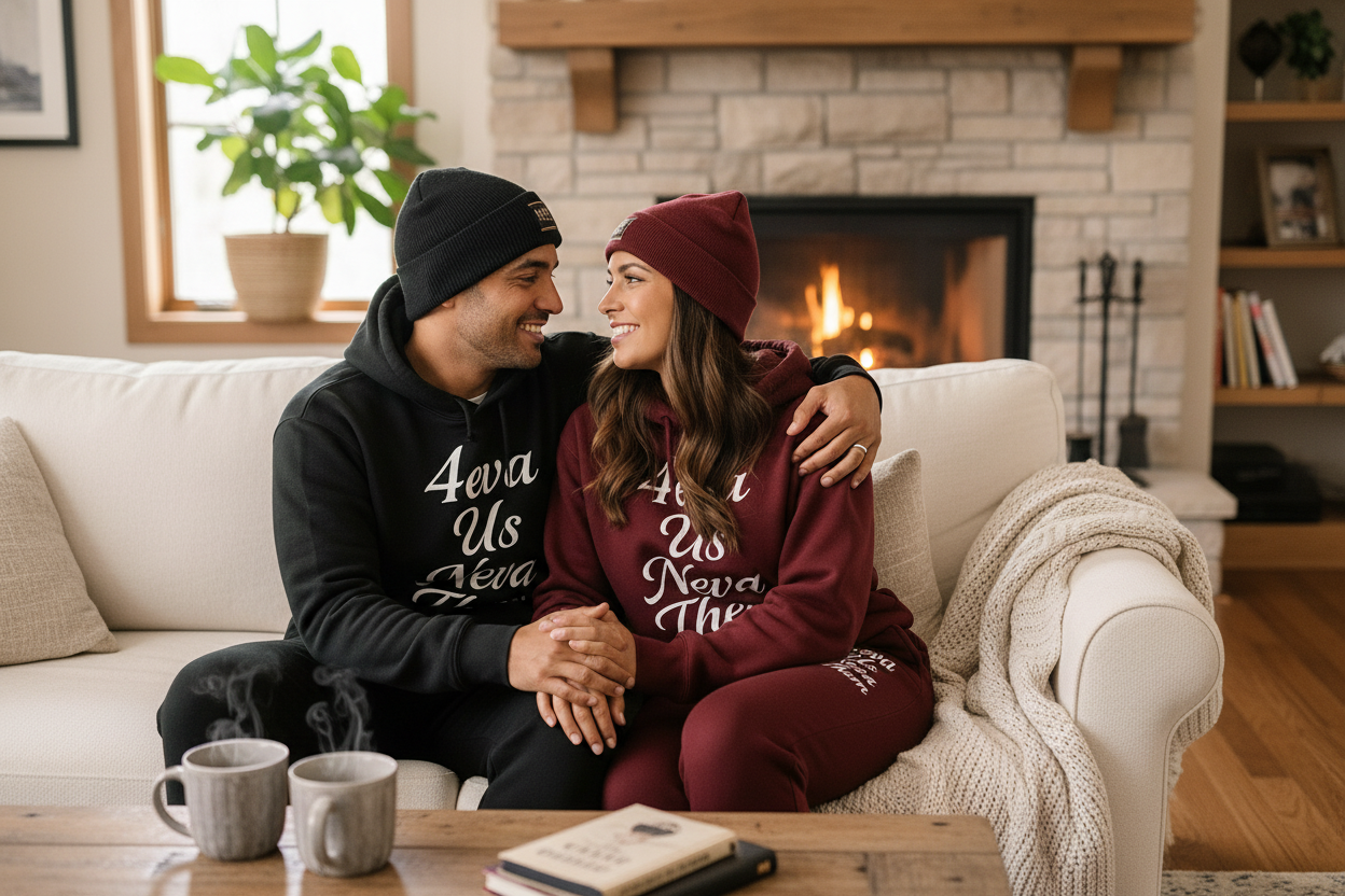 Couple wearing 4eva Us Neva Them cozy couple set