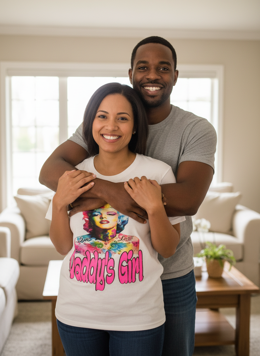 Couple with woman wearing Daddy's Girl t-shirt - full view