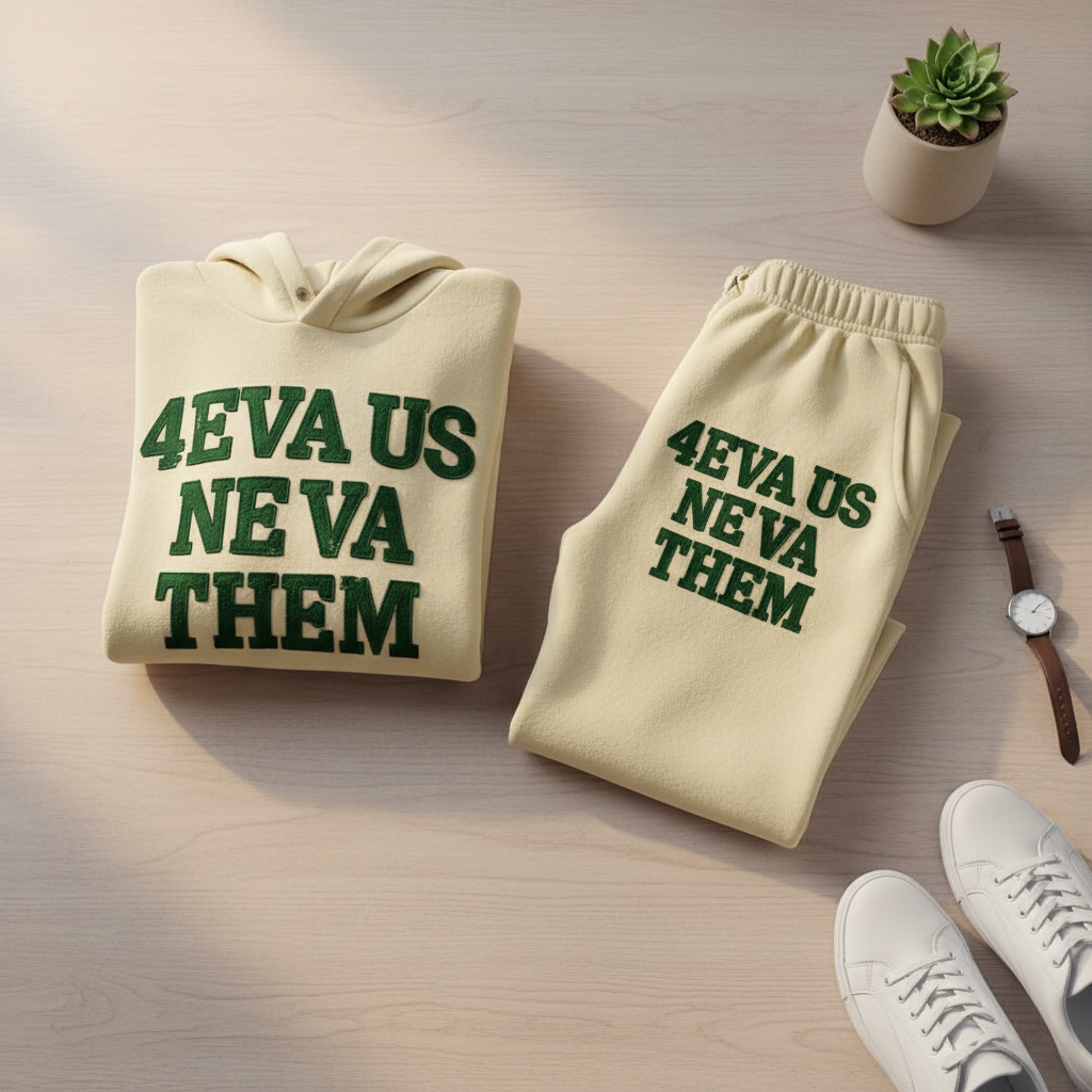 Cream and forest green jogger set flat lay