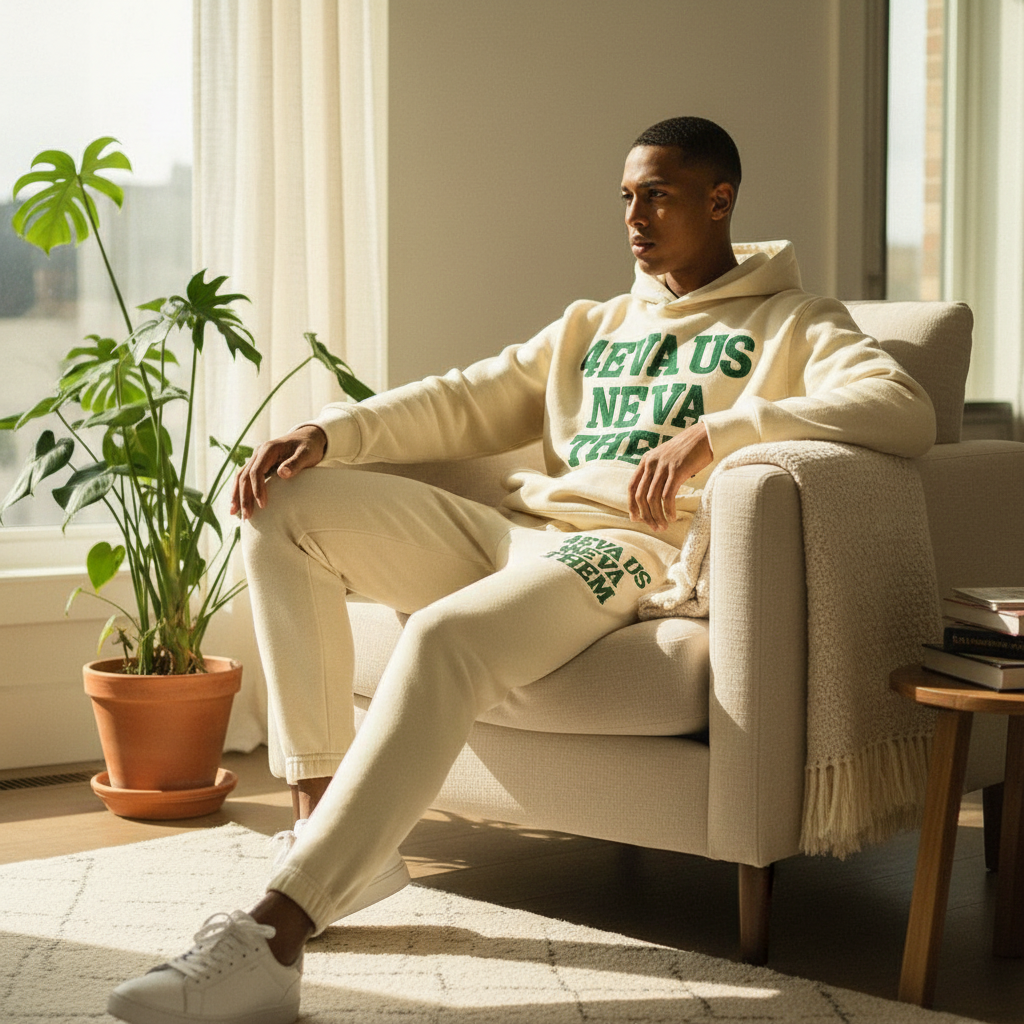 Cream and forest green jogger set lifestyle - seated pose