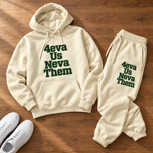 Cream-and-green jogger set flat lay with hoodie drawstrings