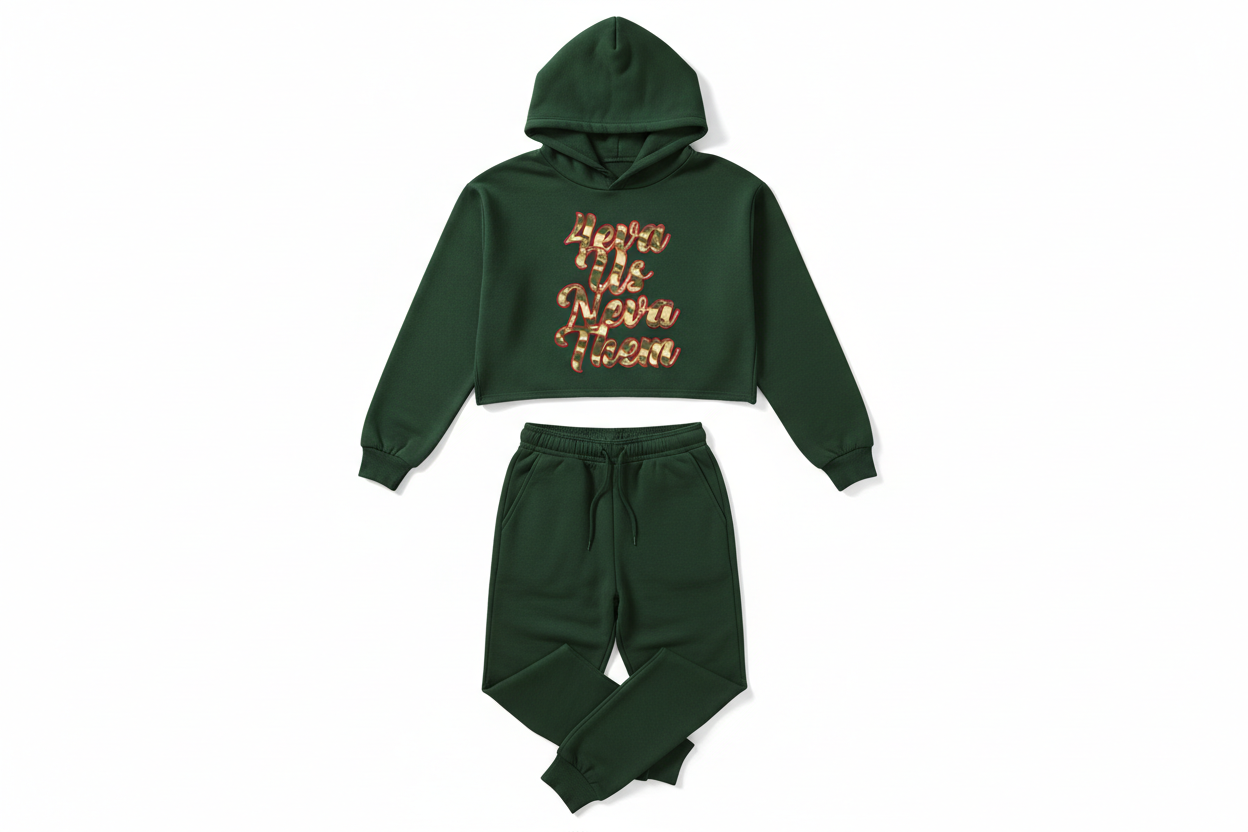Dark green jogger set flat lay - corrected text order