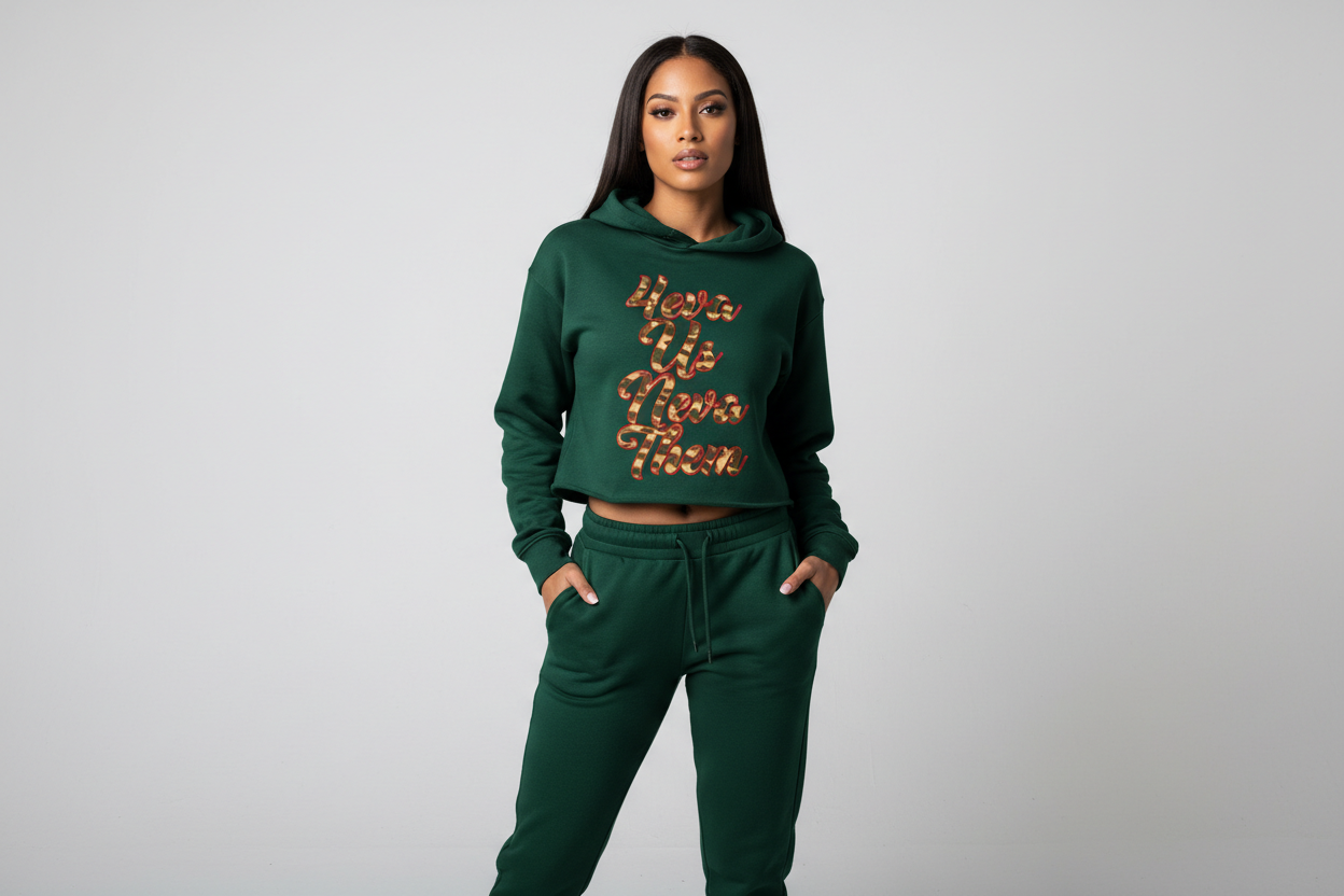 Dark green jogger set on model with red outlined camo script lettering