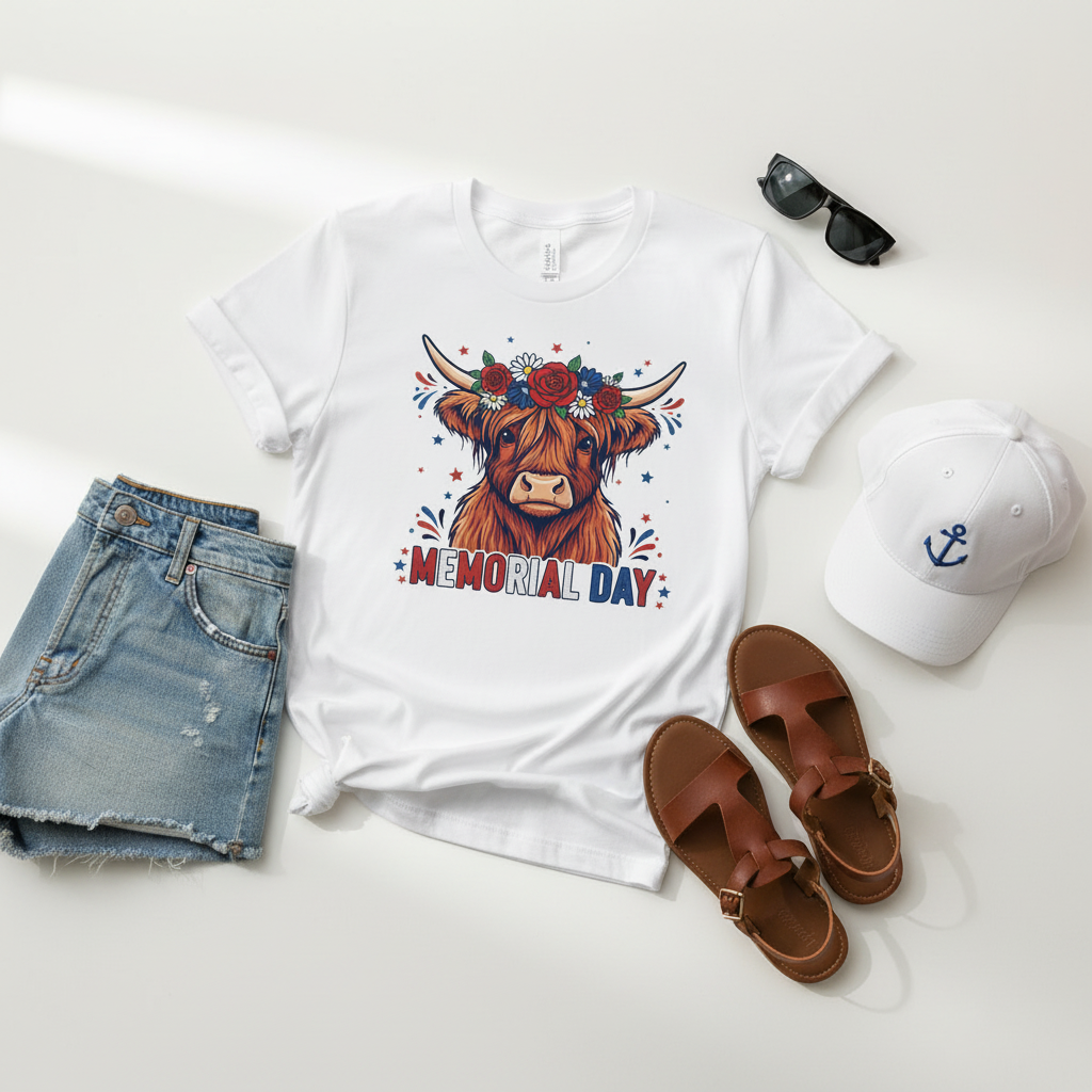 Highland Cow Patriotic Floral Crown — Shirt or DTF Transfer