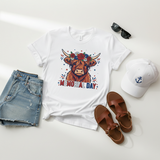 Highland Cow Patriotic Floral Crown — Shirt or DTF Transfer